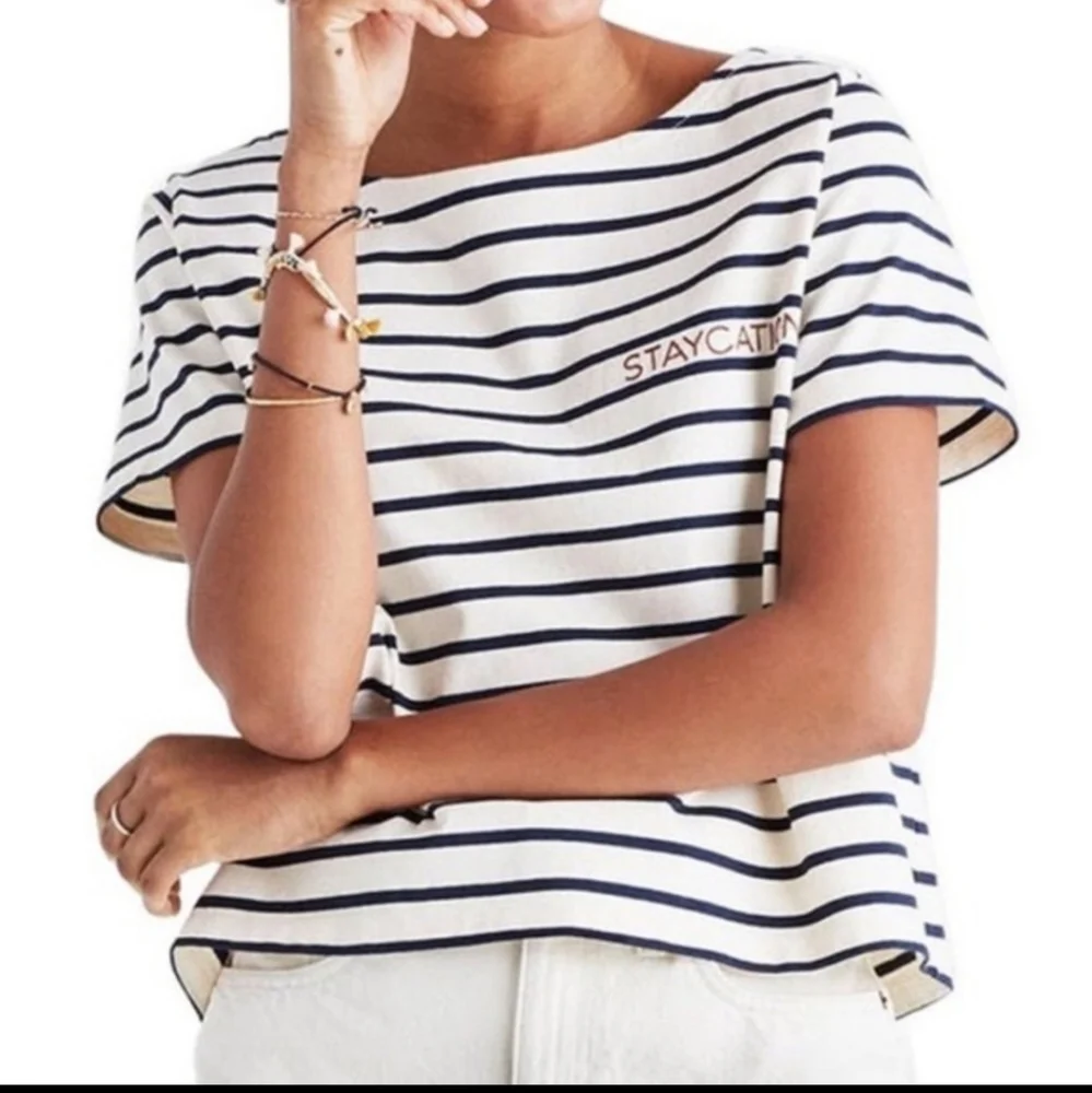 MADEWELL Staycation Embroidered Boxy Blue Ecru Stripe Tee NWT - Picture 3 of 11